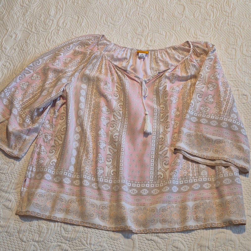 Ruby Rd woman blouse size 1X pink, tan, white peach, flowy 3/4 sleeve VGUC